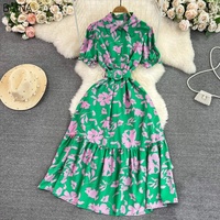 Nouveau contraste fleur impression robes décontractées rétro col rabattu manches bouffantes dames robe taille ceinture une ligne vêtements pour femmes