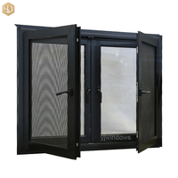 Fenêtre à double battant moderne en aluminium noir avec moustiquaire extérieure intégrée et vitrage clair à l'intérieur