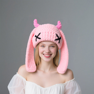Cappuccio di corno del diavolo carino puro fatto a mano grandi orecchie di coniglio caldo cappello lavorato a maglia per un inverno fresco e neutro - Product Image 2