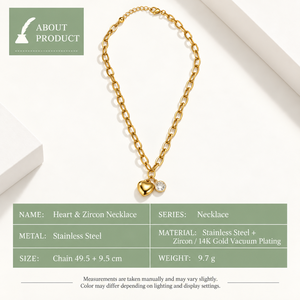 Collar con Zirconia en Forma de Corazón y Redonda, Acero Inoxidable, Chapado en Oro de 14K al Vacío, Cadena de Eslabones Ovalados, 49.5 + 9.5 cm, 9.7 g - Product Image 3