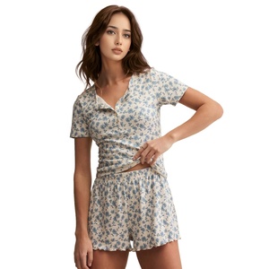 <strong>Women's</strong> Bamboo Fiber Floral Print Pajama Set Short Sleeve <strong>Henley</strong> <strong>Top</strong> with Ruffle Hem Shorts Loungewear Sleepwear - Product Image 4