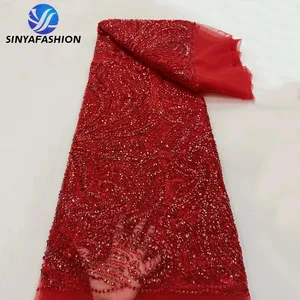 Sinya红色婚礼蕾丝面料2022高品质3D串珠刺绣法国薄纱尼日利亚蕾丝面料，带亮片和珠子