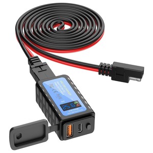 Motorcycle USB Charging Adapter SAE to Dual QC3.0 Port with Voltage Meter Waterproof Cap for Cell Phone GPS - Product Image 1