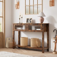 Table console vintage en MDF brun facile à assembler avec 2 tiroirs à façade en verre, étagère inférieure, table d'entrée, table de salon, table de couloir