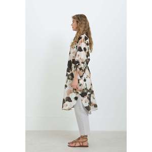 Puane Women's Abstract Patterned Oversize Button-Down Tunic Shirt with Slit Hem, Breathable Khaki Blouse for Casual Wear - Product Image 2