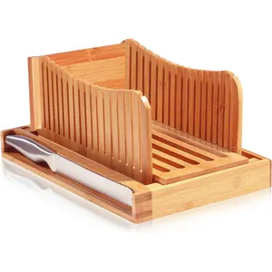 Rebanador de pan plegable de bambú, tabla de cortar con bandeja para migas, cuchillo de pan de acero inoxidable