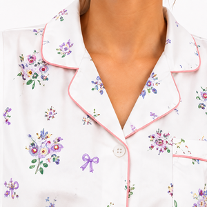 Ensemble de pyjama en satin de soie à imprimé floral pour femme, manches courtes, boutonnage frontal, deux pièces, avec cordon de serrage, été-automne, vente en gros - Product Image 4