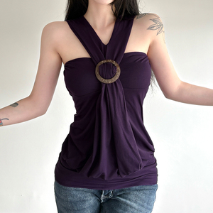 Y2K Party Women's Cross Halter O-Ring Detail Tank Top, Draped Ruched Slim Fit Party Top - Product Image 2