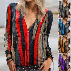 フロントショートとロングバックブラウストップススリム長袖シャツレインボーストライプ女性ブラウス - Product Image 1