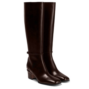 Bottes hautes pour femmes en cuir véritable, grande taille 46, coupe large, talons épais bas, fermeture éclair latérale - Product Image 5