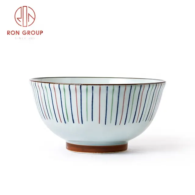 wholesale japanese style 9 inch round striped blue large capacity sustainable dinnerware bowls noodle ceramic bowl