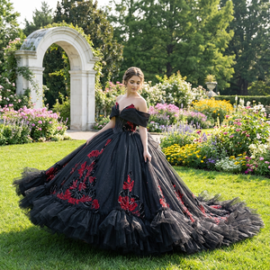 Dy6940 Black and <b>Red</b> Sweetheart Neckline Embroidered Ball Gown Ruffled Black Quinceanera Dresses Jancember - Product Image 1