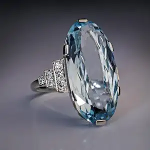 草石饰品超大椭圆形浅蓝色水晶闪亮锆石海蓝色宝石银戒指