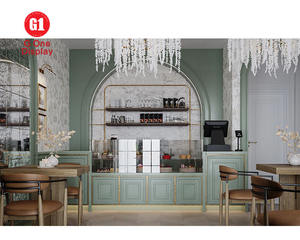 เคาน์เตอร์บาร์ร้านกาแฟสมัยใหม่พร้อมตู้โชว์และไฟ LED ดีไซน์ไม้รักษ์โลกสำหรับการจัดแสดงสินค้า - Product Image 1