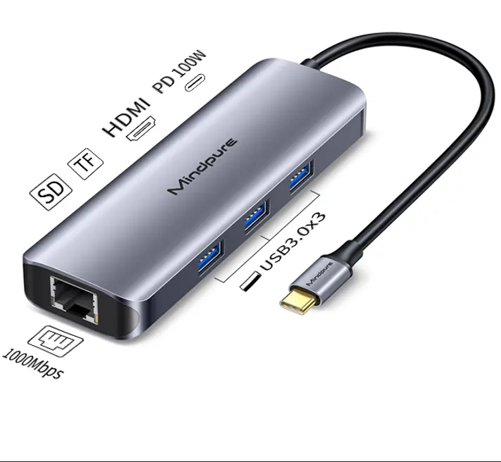 माइंडप्योर उच्च गुणवत्ता 8 इन 1 टाइप-सी हब मल्टीपोर्ट डॉक 4K HDMI USB3.0 RJ45 SDTF USB-C PD चार्जिंग एडाप्टर 8 पोर्ट USB C हब के साथ