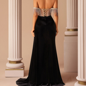 Luxury Black <strong>Velvet</strong> Evening Gowns for Women Sexy <strong>Off</strong> <strong>Shoulder</strong> Crystal Tassel Corset Maxi <strong>Dress</strong> High Slit Prom Formal Party <strong>Dress</strong> - Product Image 2