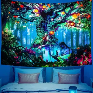 Blacklight Tapestry UV Reactive Tree Of Life Tapestry Wall Hanging Fantasy Forest Mushroom Neon Tapestry