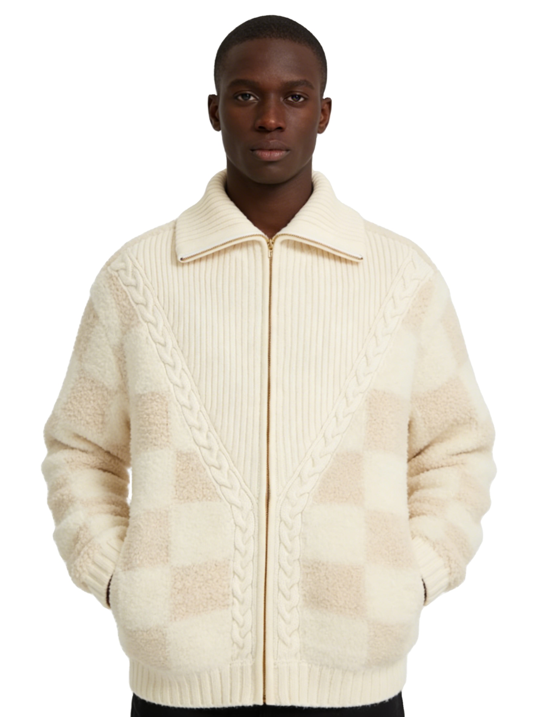 Ottoknit Knitted Zip up Checkered Knit Cardigan Style Ribbed Sleeve Cable Knit Pattern with Gold Zipper