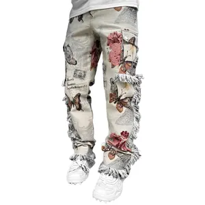Pantalones rectos con dobladillo grueso y flecos blancos para hombre, pantalón con tejido jacquard, 2023
