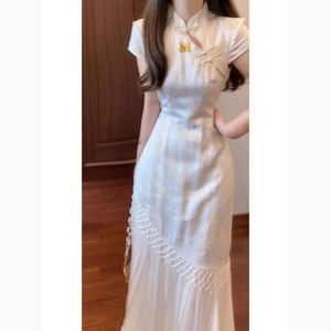 Modern Chinese Style Jacquard Cheongsam Dress With Tassel Design Fitted Waist Women Party Wear - Product Image 4