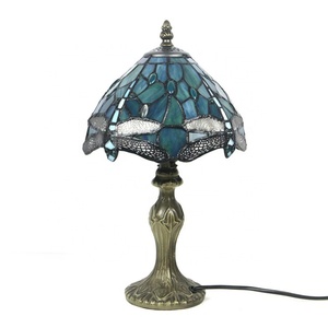 LongHuiJing 8Inch Dome Vintage Tiffany Dragonfly Resin Stained Glass LED Table Iron Base AC Mediterranean Style 2700K Warm White - Product Image 4