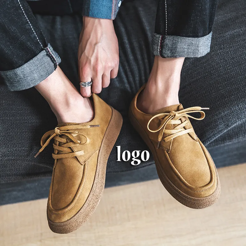 OEM custom logo fashion cow suede genuine leather running sport sneakers casual walking style shoes men