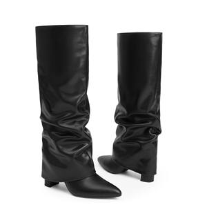 Botas de tacón alto hasta la rodilla con punta en pico y logotipo personalizado para mujer, botas largas con cremallera gruesa recién llegadas para aumentar la altura de otoño - Product Image 2