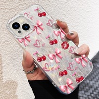 Funda Protectora para Teléfono Móvil con Estampado de Labios y Lazo de Cereza, Diseño de Seda Plateada para iPhone 8 X Xr Xs Max 11 12 13 14 15 16 17 Air
