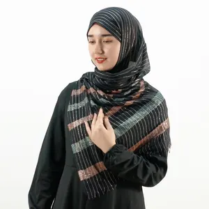 Wholesale Muslim Luxury Glitter Stripes Head Scarf Viscose Cotton Black Hijab Jersey Tassel Shawl Turbans For Ladies Fashion