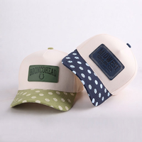 Casquettes 5 panneaux pour hommes, casquettes de camionneur, casquettes de baseball, casquettes à dessus plat, texture cuir, visière à pois, patch en cuir, bicolores, décontractées