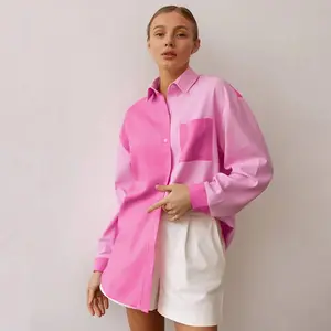 新しいデザインの春の女性のカジュアルなコントラストシャツ長袖ルーズな女性の夏のパッチワークシャツブラウス