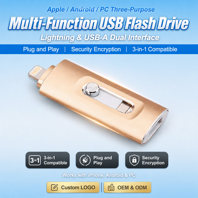 YIXIN 3-in-1 Metal USB Flash Drive Lightning/USB/Micro USB, 1TB/2TB, Plug & Play, Encrypted for IPhone, Android & PC Custom logo