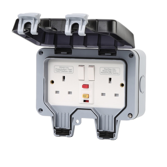 IP66 UK Standard RCD Waterproof Outdoor Wall Socket With Switch for Home Garden Power Double Outlet Socket