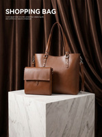 Tas Tote Wanita 2-in-1 Custom Logo Grosir, Bahan Kulit PU Motif Leci Coklat, Resleting, Stylish, Kapasitas Besar