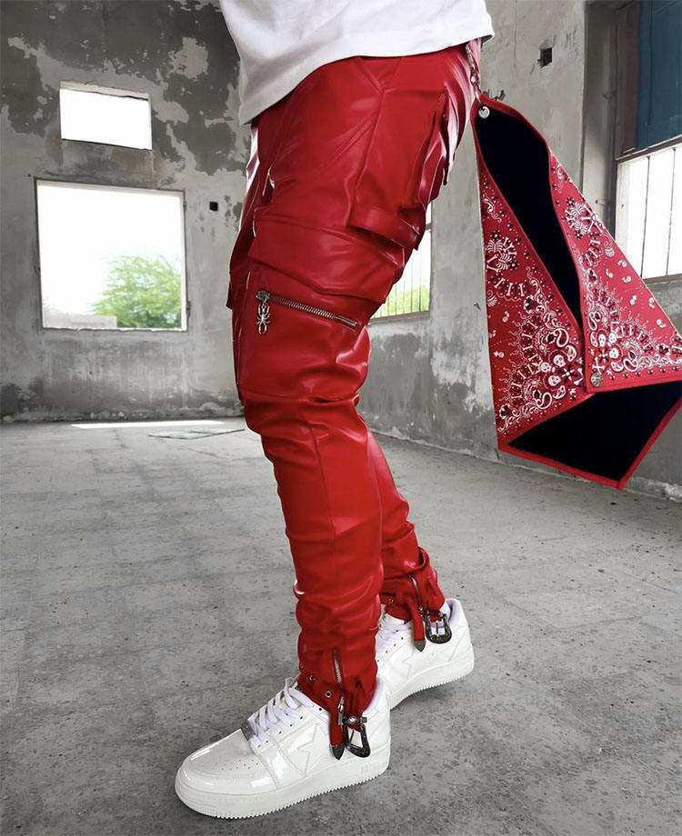 Custom Summer Men Paisley Print Cargo Flared Leather Pants Skinny Fit  Elastic PU Trousers Thin Streetwear Stacked Leather Pants