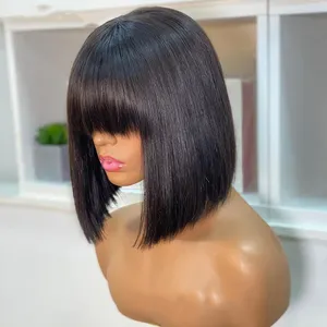 Straight Bob Wig With Bangs Bone Straight Human Hair Wigs For Women Human Hair No Lace Full Machine Made Wigs Fringe