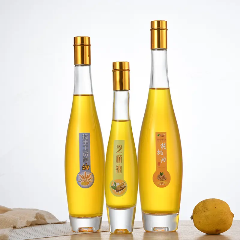 clear bowling shaped Alcohol Liquor Bottles glass olive oil bottle dispenser glass oil bottle with gold stopper for cooking
