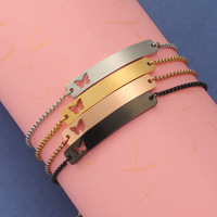 Bracelet en acier inoxydable poli miroir, barre incurvée en forme de papillon, chaîne réglable, rectangulaire, texte gravable, tendance