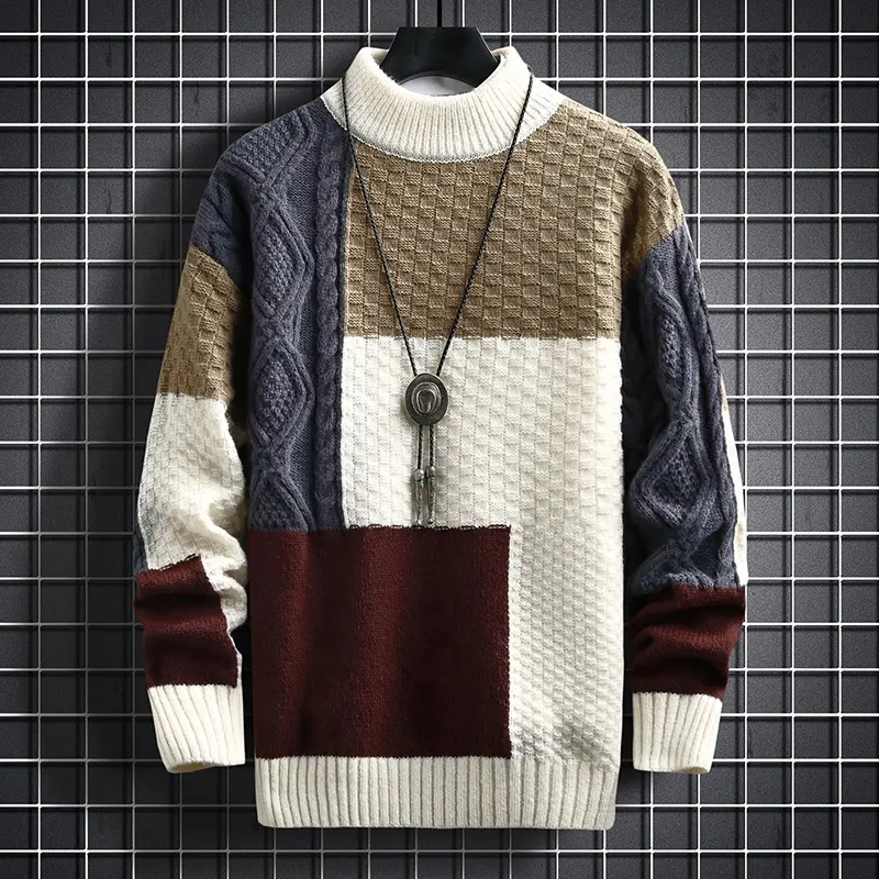 2023 Herbst und Winter Neuer Pullover Warm Fashion Stitching Color Matching Pullover Rundhals pullover Verdickter Strick pullover