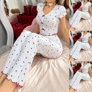 I-0630 Camisón Casual de Verano para Mujer, Estampado con Forma de Corazón en la Parte Delantera, Transpirable, Cuello en V, Lazo, Cintura Alta Elástica, Manga Corta - Product Image 1