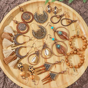 Geometric Wooden <b>Drop</b> Earrings Antique <b>Bronze</b> Plated Bohemia Style Women's Fashion Dangle Earrings - Product Image 1