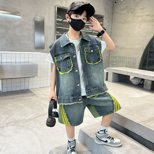Ensemble <span class=keywords><strong>gilet</strong></span> en jean deux pièces pour garçons, coupe ample en coton, pour enfants plus âgés, collection été - Product Image 4