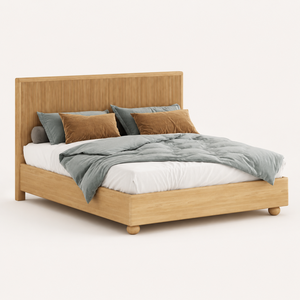 Juego Completo de Muebles de Dormitorio Estilo Japandi, Cama de Roble Macizo Acanalado + Cómoda + Mesa de Noche para Apartamento - Product Image 1