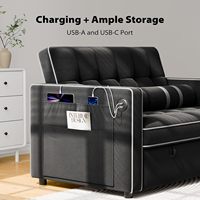 Sofá Cama Convertible Dareko de Terciopelo Negro con Relleno de Esponja, Respaldo Ajustable, Puertos USB, Bolsillos Laterales, Futón para Sala de Estar