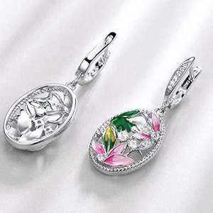 Orecchini pendenti floreali alla francese, eleganti orecchini pendenti ovali smaltati, gioielli romantici di San Valentino per donna - Product Image 5