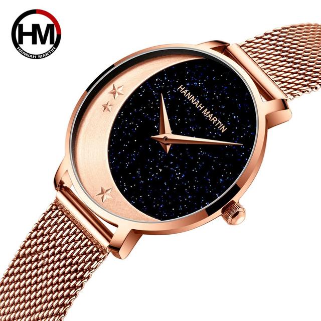 Hannah Martin 1334 Women Quartz Watches Luxury Gold Fashion Moon Stars Dial Wristwatch Stainless Steel Waterproof Ladies Watch