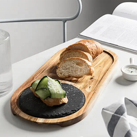 Vente en gros, plateau de service ovale de luxe en acacia, vaisselle de restaurant moderne, assiette en acacia et ardoise pour steak, vaisselle à la mode
