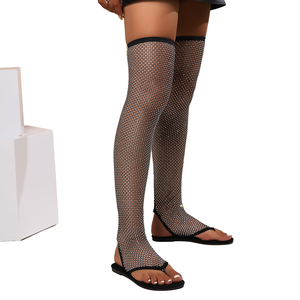 Sandalias de lujo doradas transpirables para mujer, estilo over-the-knee, con punta abierta, tipo chanclas con diamantes y botas, plantilla de PU para verano - Product Image 1