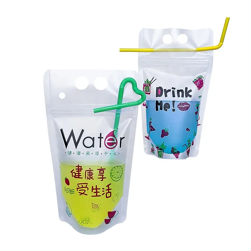 Tas minuman plastik Ziplock transparan lembut dengan jus jerami dapat digunakan kembali kunci ritsleting tas kantong minuman berdiri minuman coole