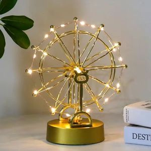 Ornement de bureau à mouvement perpétuel, Roue Ferris en métal avec lumière LED, Planète orbitale, Statue d'art cinétique plaquée or, Alimenté par piles - Product Image 4
